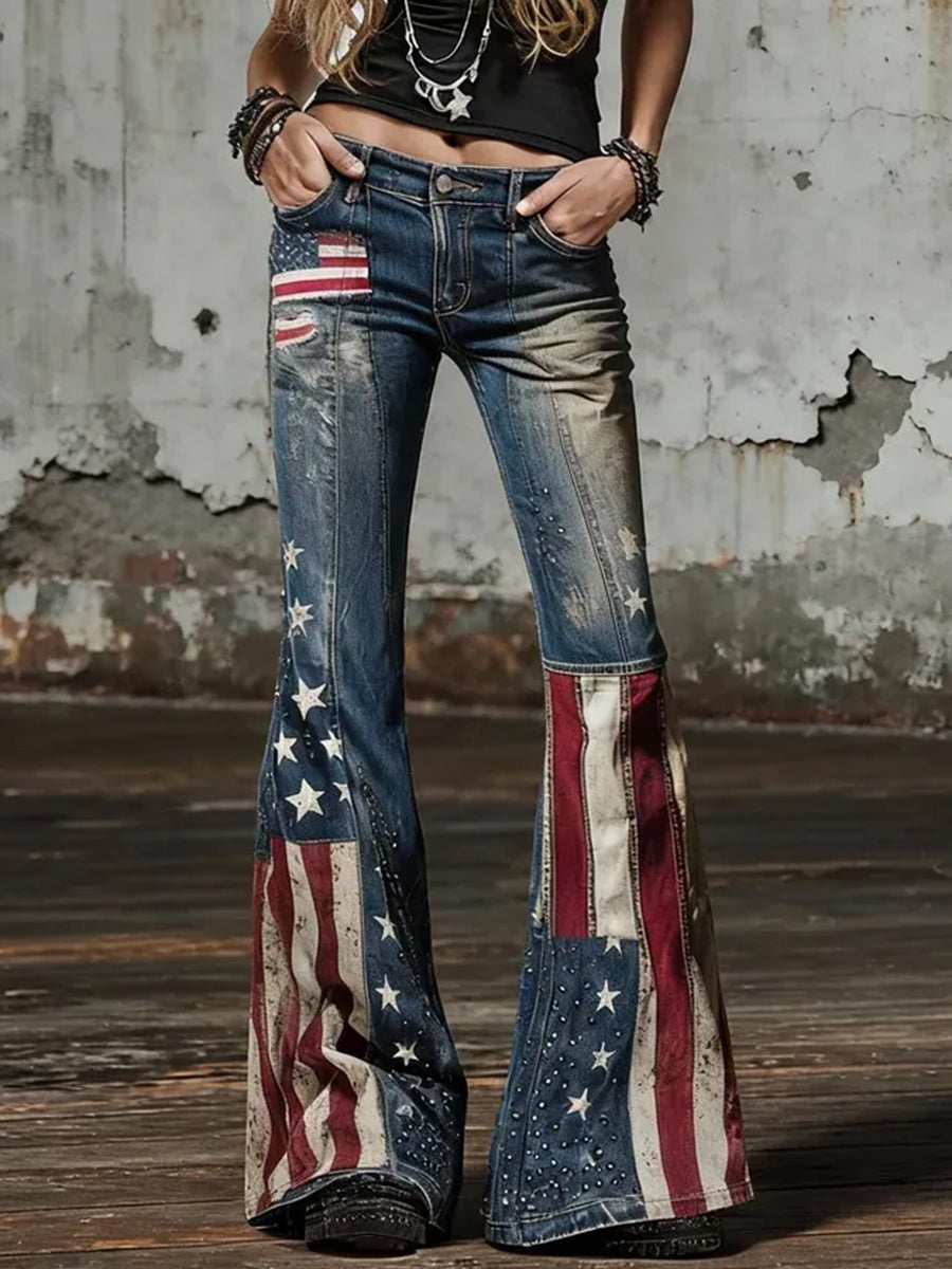 Women's American Flag  Inspired Print Vintage Jeans gracestitchs