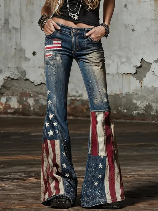 Women's American Flag  Inspired Print Vintage Jeans gracestitchs