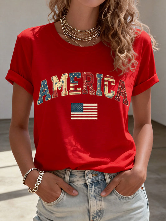 Women's American Patchwork Pattern T-Shirt gracestitchs