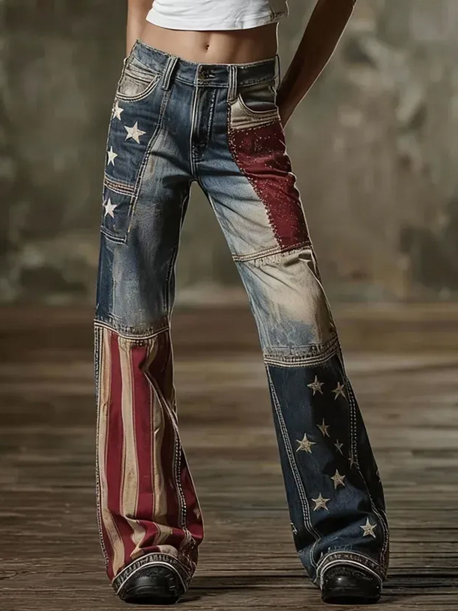Women's American Flag Inspired Print Vintage Jeans gracestitchs