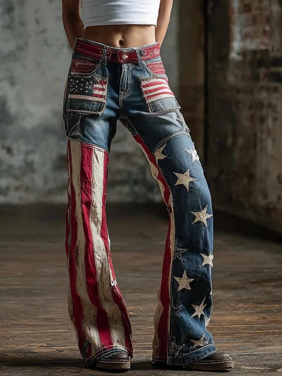 Women's American Flag  Inspired Print Vintage Washed Jeans gracestitchs