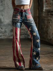 Women's American Flag  Inspired Print Vintage Washed Jeans gracestitchs