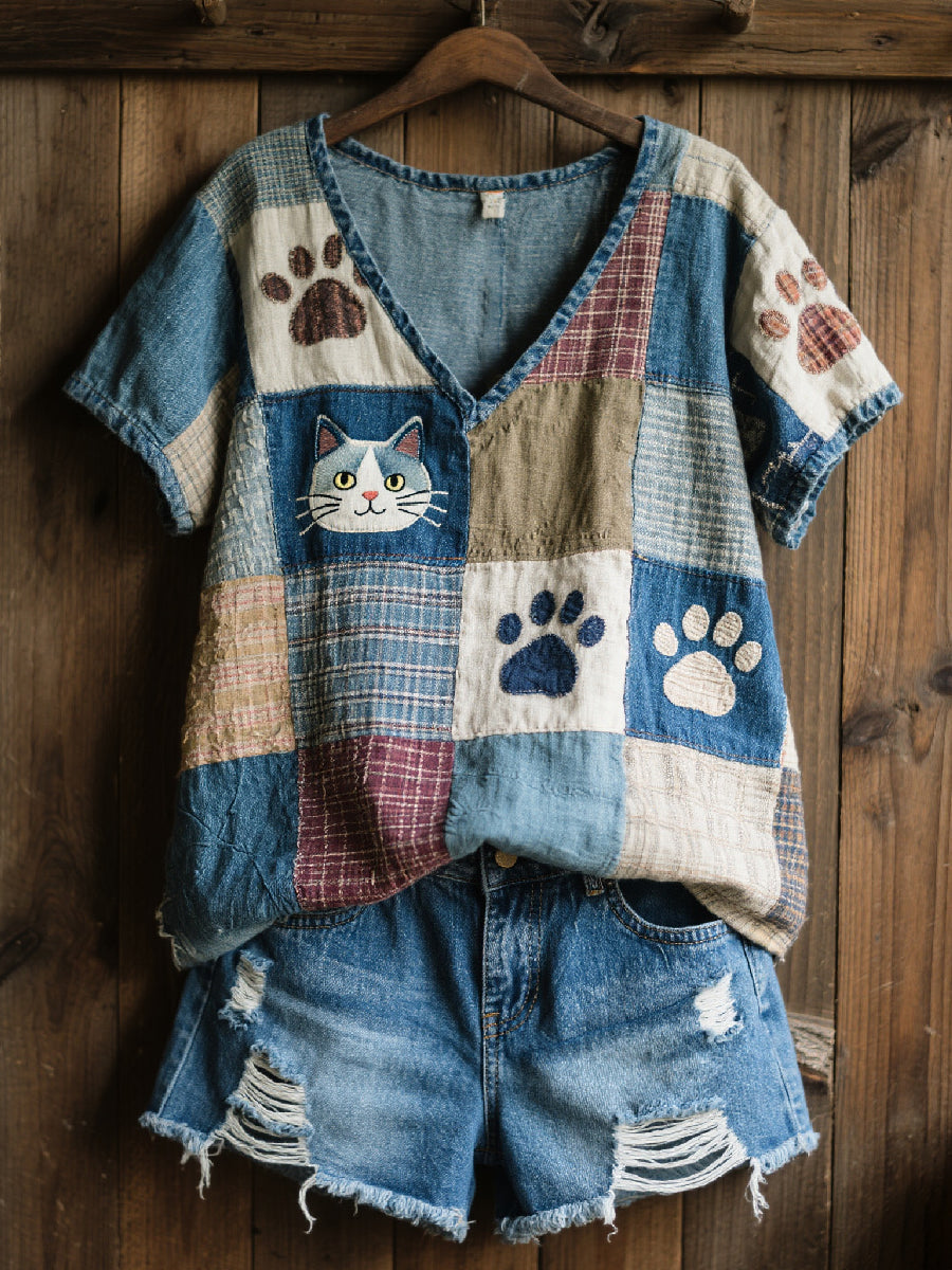 Women's Lovely Cat Patchwork Art V-Neck Top gracestitchs