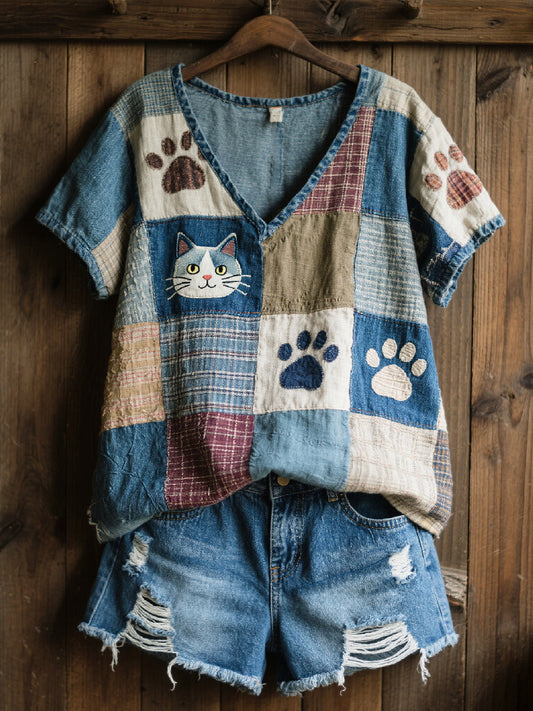 Women's Lovely Cat Patchwork Art V-Neck Top gracestitchs