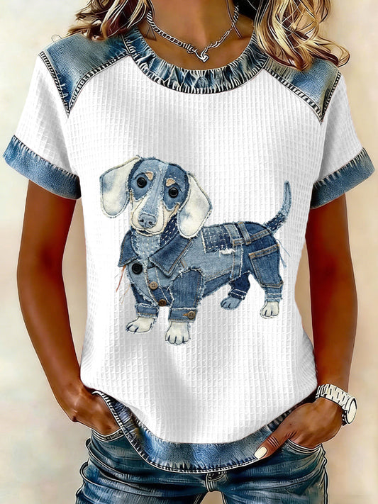 Women's Lovely Dachshund Pattern Denim Patchwork Top gracestitchs