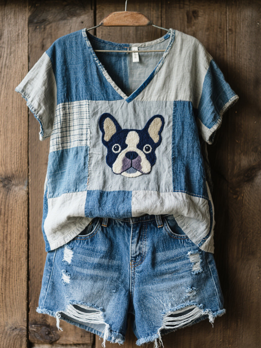 Women's Lovely French Bulldog Pattern Patchwork V-Neck Top gracestitchs