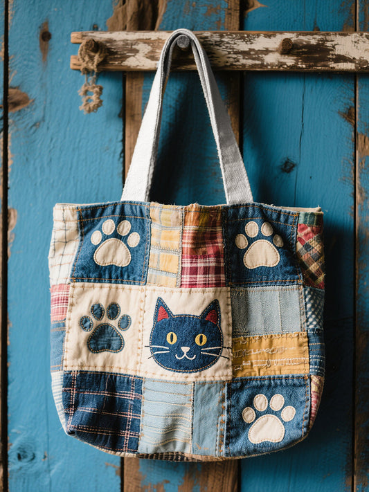 Lovely Cat Pattern Patchwork Art Canvas Bag gracestitchs