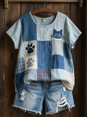 Women's Lovely Cat Pattern Patchwork Art Linen Shirt gracestitchs