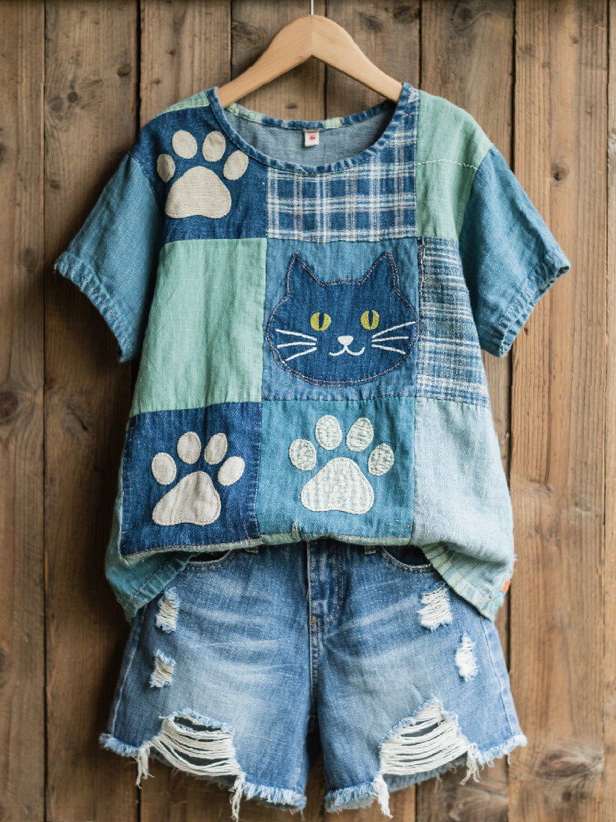 Women's Lovely Cat Pattern Patchwork Art Top gracestitchs