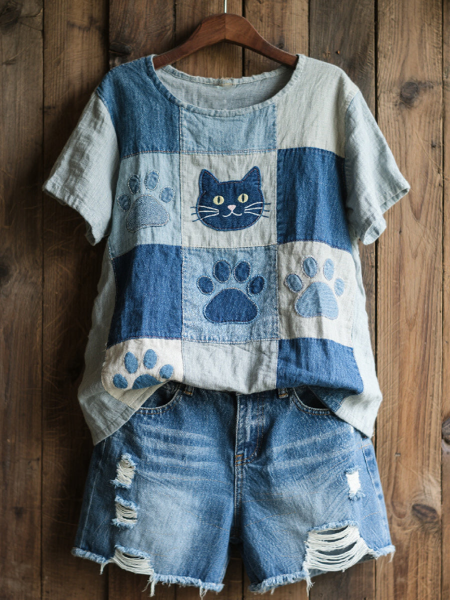 Women's Lovely Cat Pattern Patchwork Art Top gracestitchs