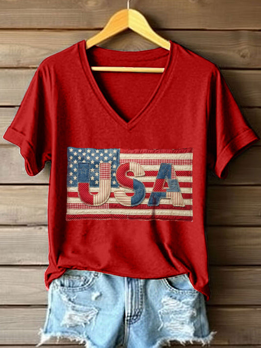 Women's USA Patchwork Art V-Neck T-Shirt gracestitchs