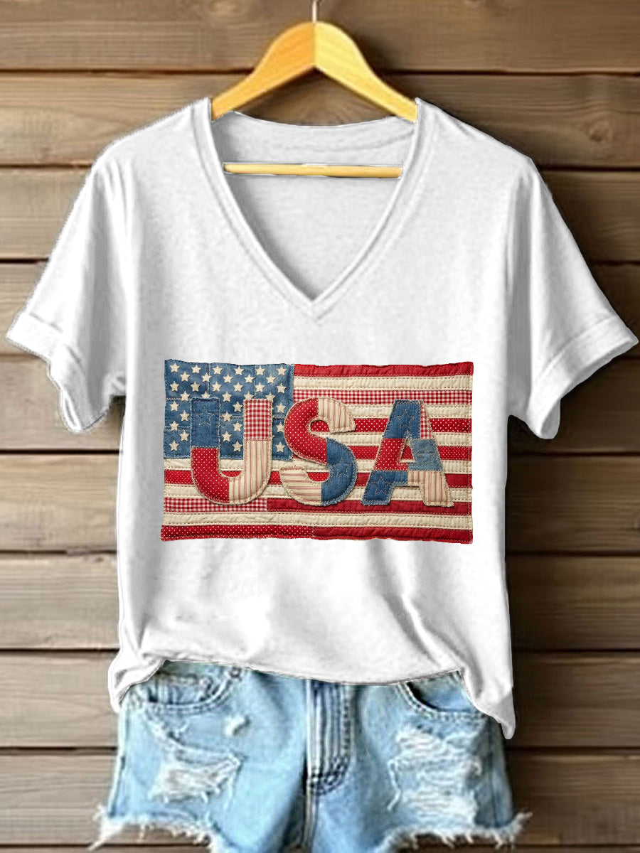 Women's USA Patchwork Art V-Neck T-Shirt gracestitchs