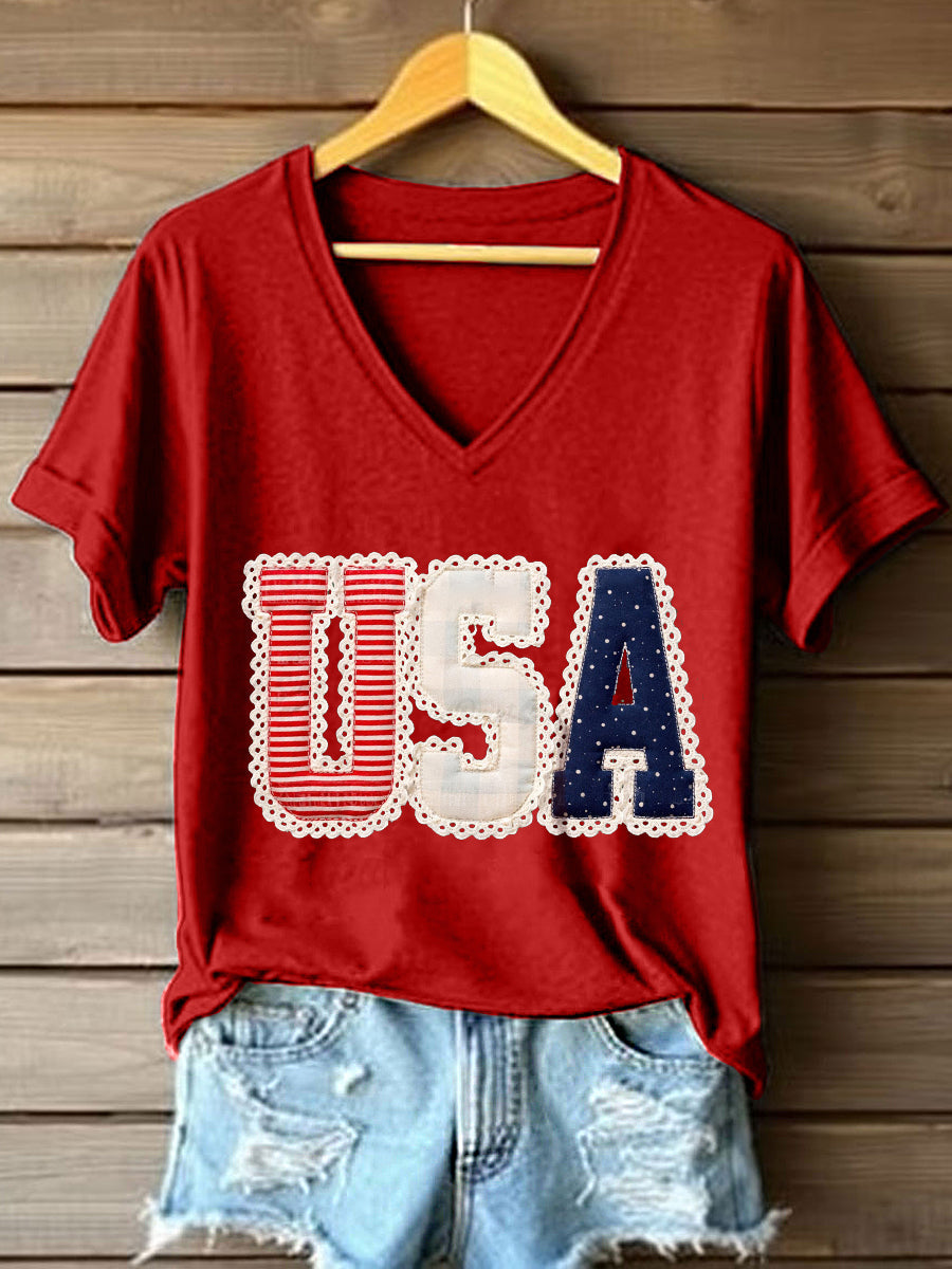 Women's USA Patchwork Art V-Neck T-Shirt gracestitchs
