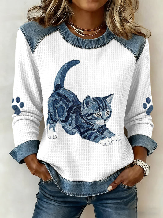 Women's Lovely Cat Pattern Denim Patchwork Art Sweatshirt gracestitchs
