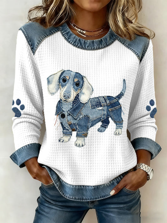 Women's Lovely Dachshund Pattern Denim Patchwork Art Sweatshirt gracestitchs