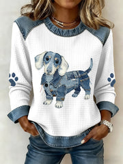 Women's Lovely Dachshund Pattern Denim Patchwork Art Sweatshirt gracestitchs