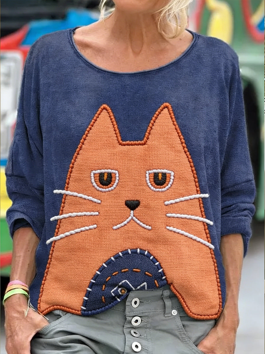 Women's Cute Cat Patchwork Art Printed Sweatershirt gracestitchs
