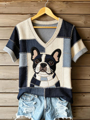 Women's Vintage Canvas Dog Patchwork Printed V-neck T-shirt gracestitchs