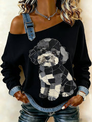 Women's Vintage Canvas Dog Patchwork Print Casual Off-Shoulder Sweatshirt gracestitchs