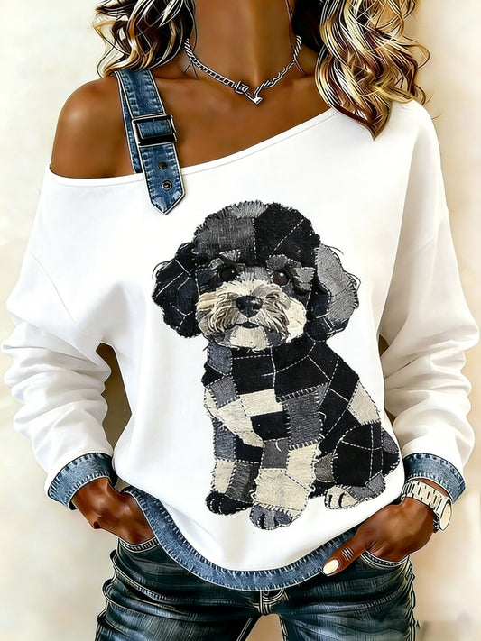 Women's Vintage Canvas Dog Patchwork Print Casual Off-Shoulder Sweatshirt gracestitchs