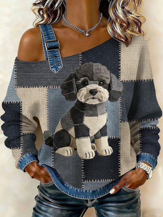 Women's Vintage Canvas Dog Patchwork Print Casual Off-Shoulder Sweatshirt gracestitchs