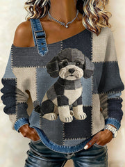 Women's Vintage Canvas Dog Patchwork Print Casual Off-Shoulder Sweatshirt gracestitchs