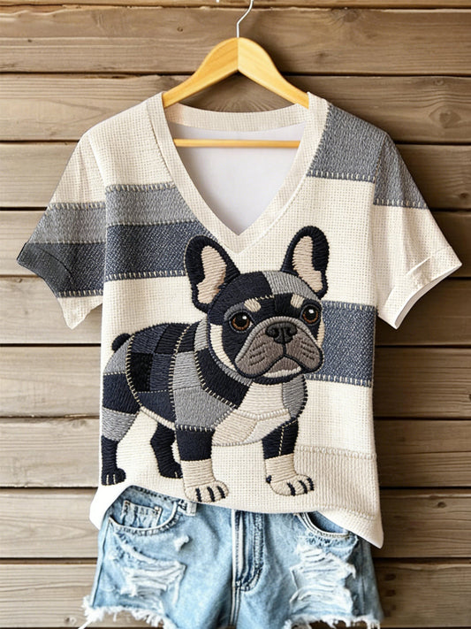 Women's Vintage Canvas Dog Patchwork Printed V-neck T-shirt gracestitchs