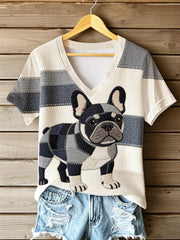 Women's Vintage Canvas Dog Patchwork Printed V-neck T-shirt gracestitchs
