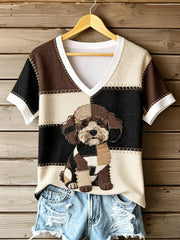 Women's Vintage Canvas Dog Patchwork Printed V-neck T-shirt gracestitchs