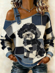 Women's Vintage Canvas Dog Patchwork Print Casual Off-Shoulder Sweatshirt gracestitchs