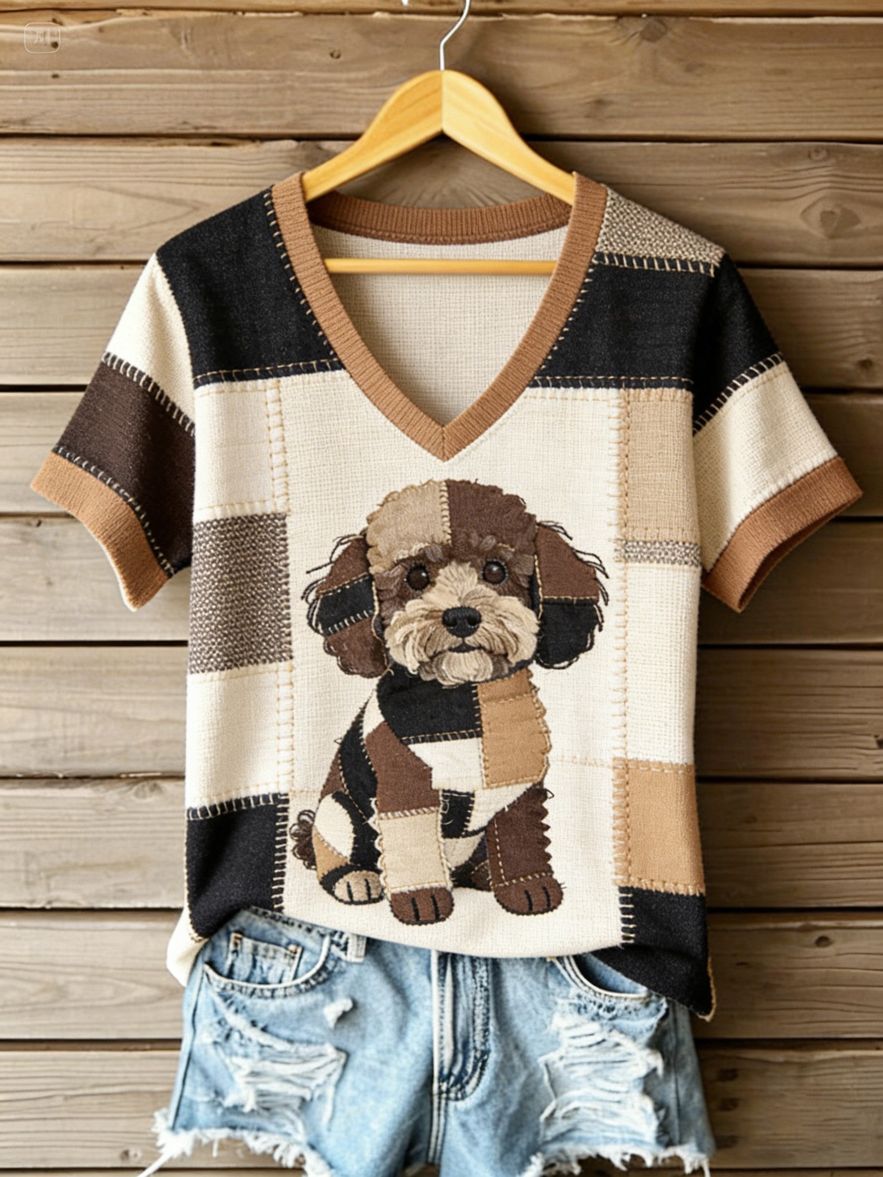 Women's Vintage Canvas Dog Patchwork Printed V-neck T-shirt gracestitchs