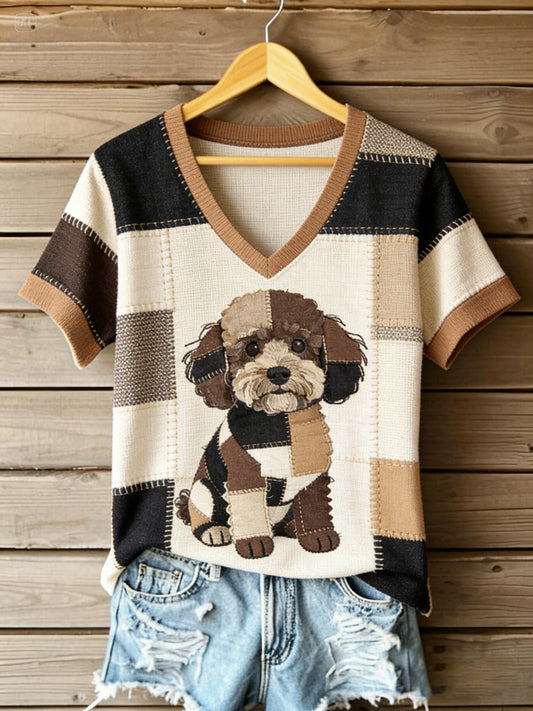 Women's Vintage Canvas Dog Patchwork Printed V-neck T-shirt gracestitchs
