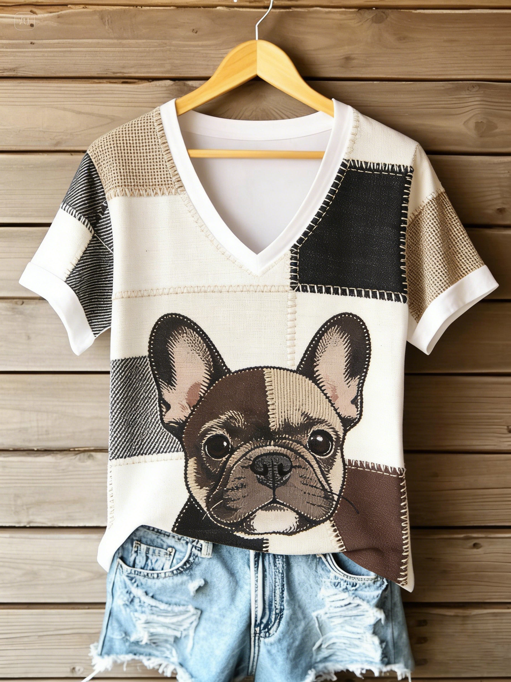 Women's Vintage Canvas Dog Patchwork Printed V-neck T-shirt gracestitchs
