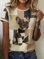 Women's Vintage Canvas Dog Patchwork Printed T-shirt gracestitchs