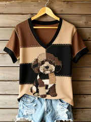 Women's Vintage Canvas Dog Patchwork Printed V-neck T-shirt gracestitchs