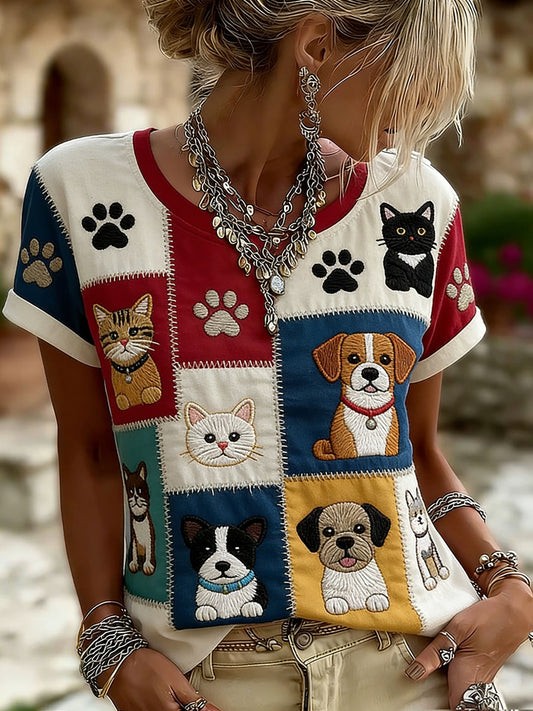 Women's Cat and Dog Print Casual T-Shirt gracestitchs