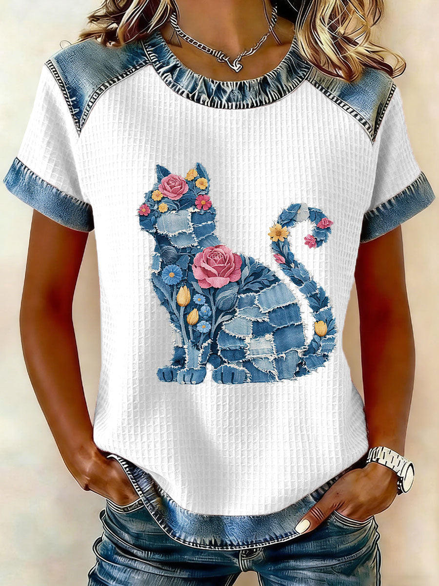 Women's Cat and Floral Print Casual T-Shirt gracestitchs
