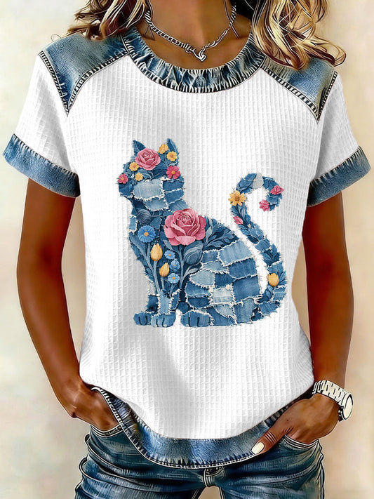Women's Cat and Floral Print Casual T-Shirt gracestitchs