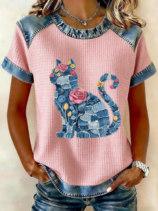 Women's Cat and Floral Print Casual T-Shirt gracestitchs
