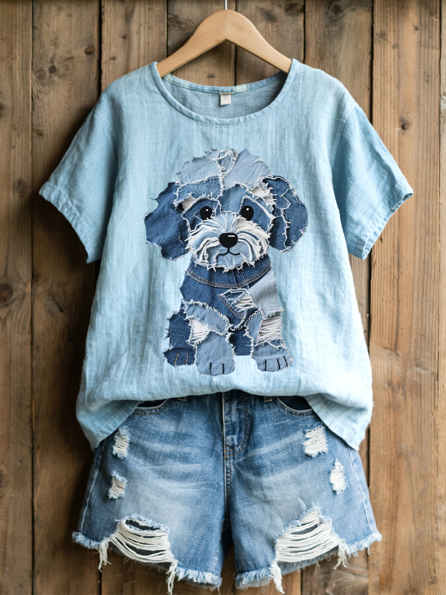 Women's Lovely Dog Denim Patchwork Pattern Linen Blend Shirt gracestitchs