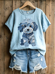 Women's Lovely Dog Denim Patchwork Pattern Linen Blend Shirt gracestitchs