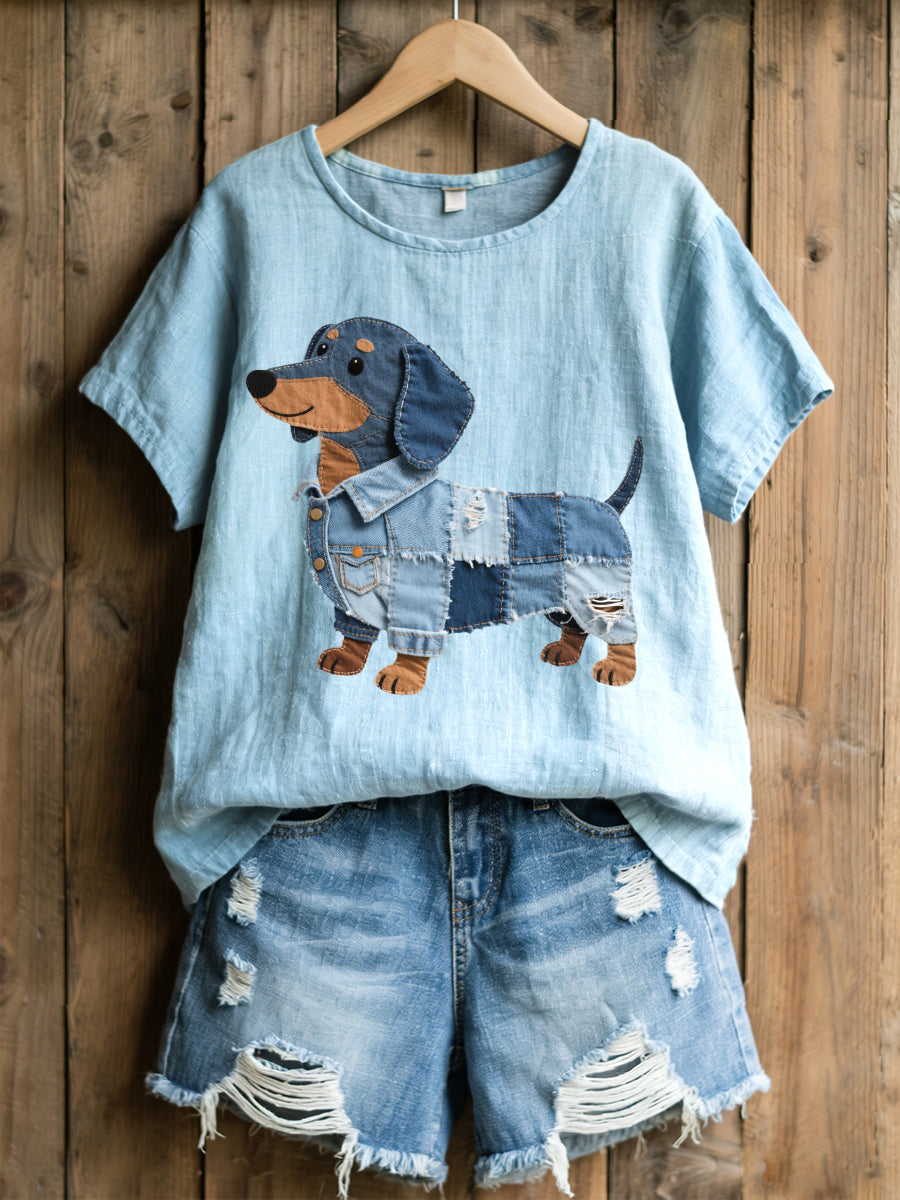 Women's Lovely Dachshund Denim Patchwork Pattern Linen Blend Shirt gracestitchs