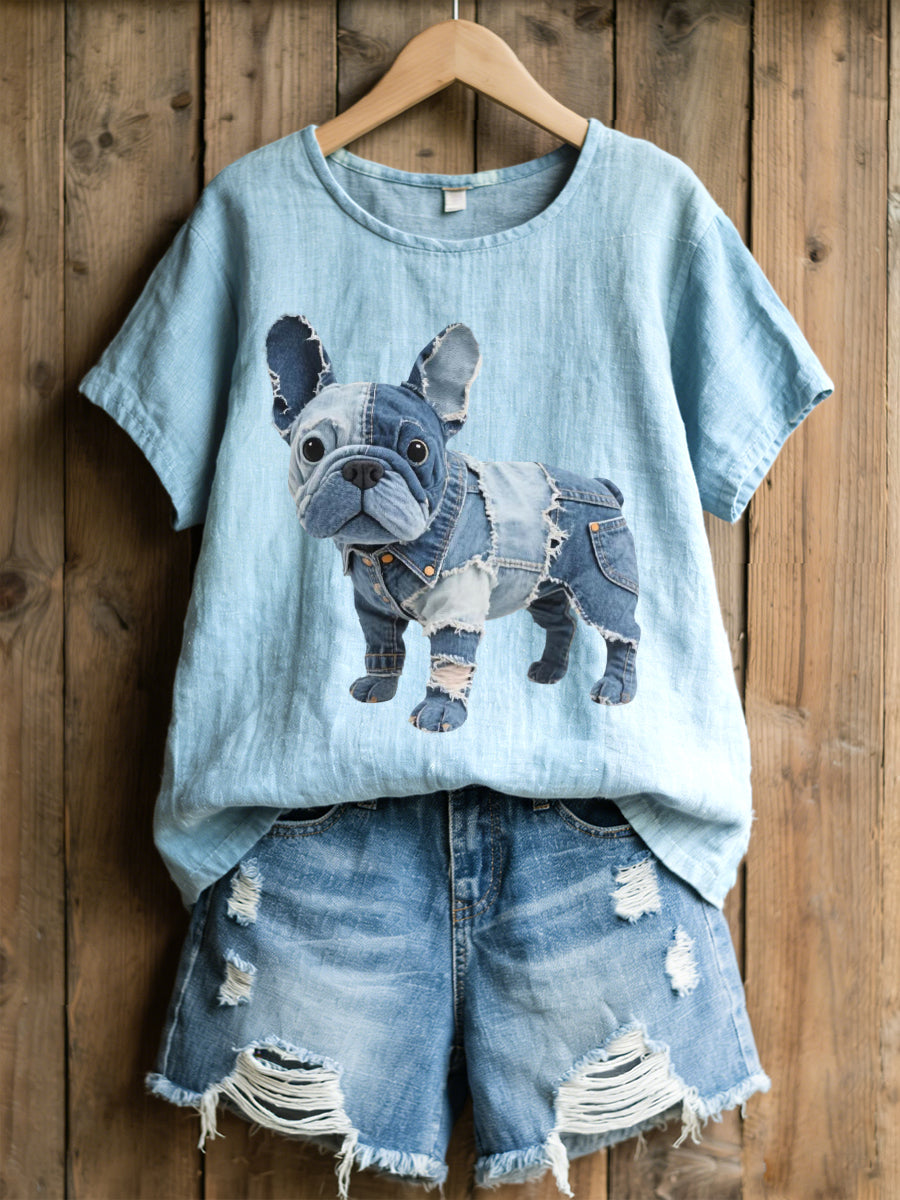 Women's Lovely French Bulldog Denim Patchwork Pattern Linen Blend Shirt gracestitchs