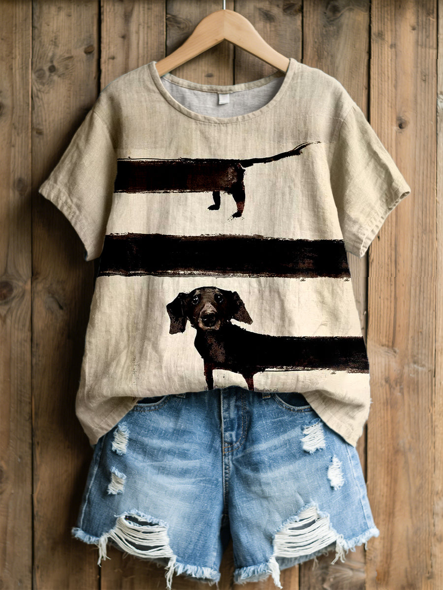 Women's Dachshund Art Print Linen Blend T-Shirt gracestitchs