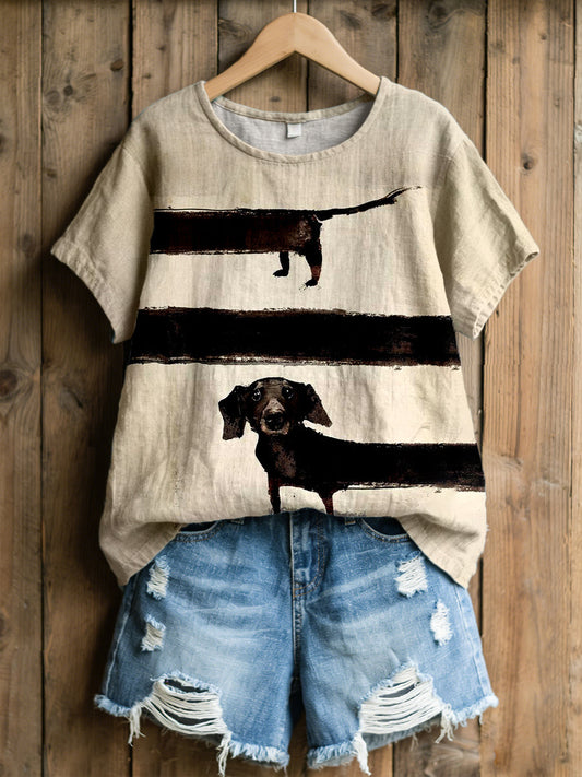 Women's Dachshund Art Print Linen Blend T-Shirt gracestitchs
