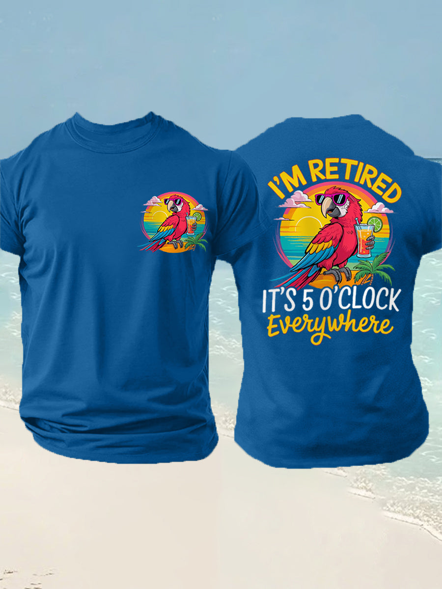Men's I'm Retired It's 5 O'clock Everywhere Parrot Print Casual Tee gracestitchs