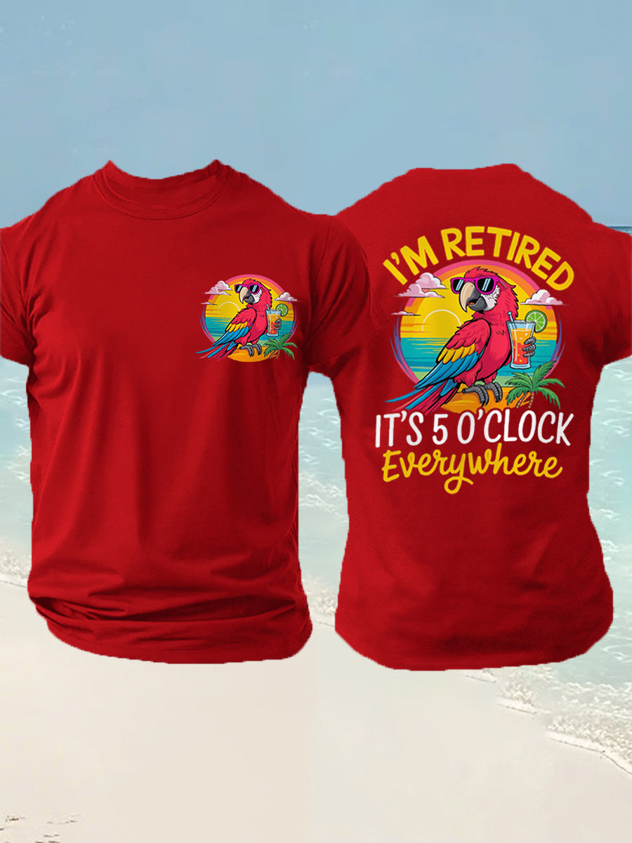Men's I'm Retired It's 5 O'clock Everywhere Parrot Print Casual Tee gracestitchs