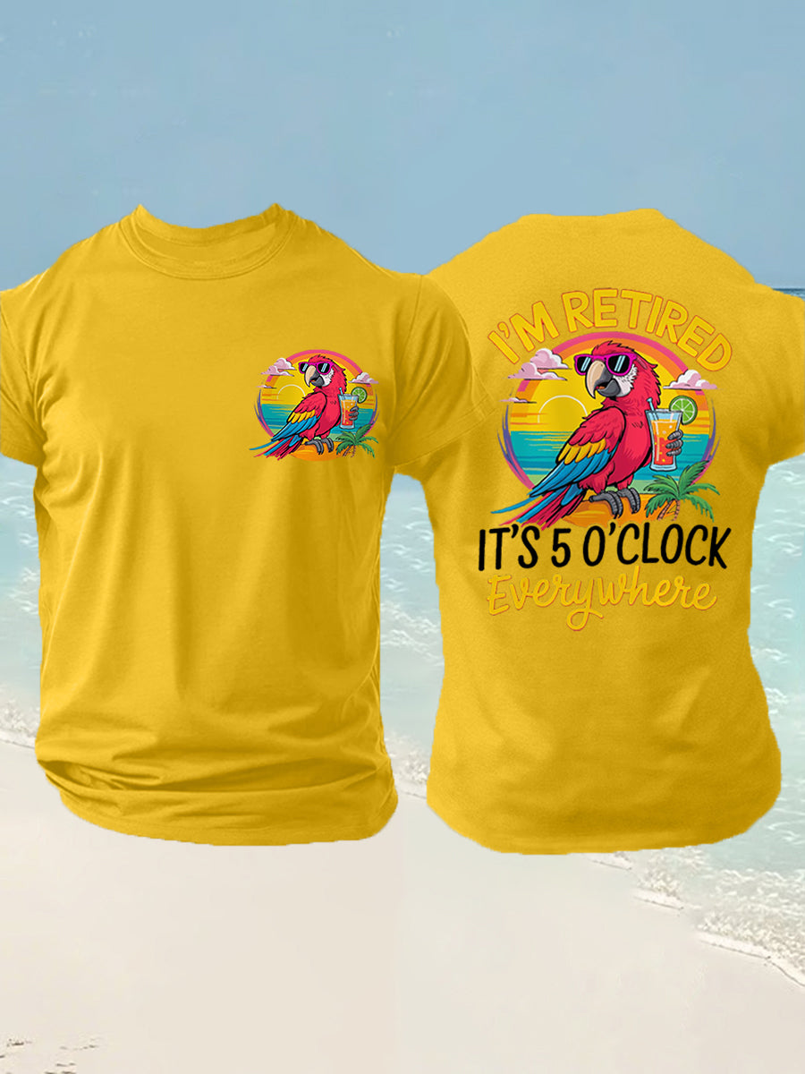 Men's I'm Retired It's 5 O'clock Everywhere Parrot Print Casual Tee gracestitchs