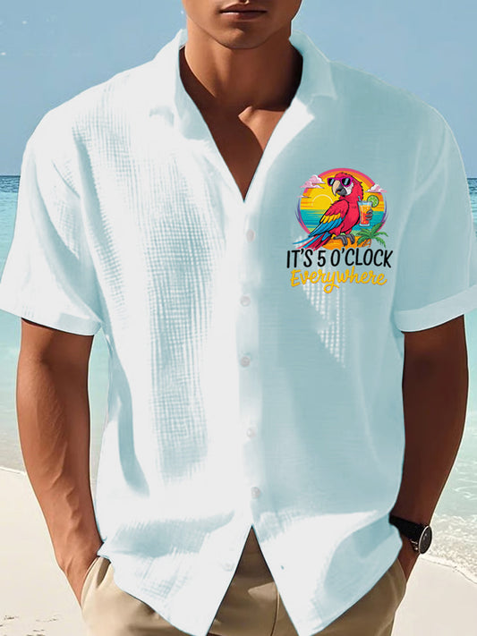 Men's It's 5 O'clock Somewhere Parrot Print Casual Waffle Short-Sleeve Shirt gracestitchs