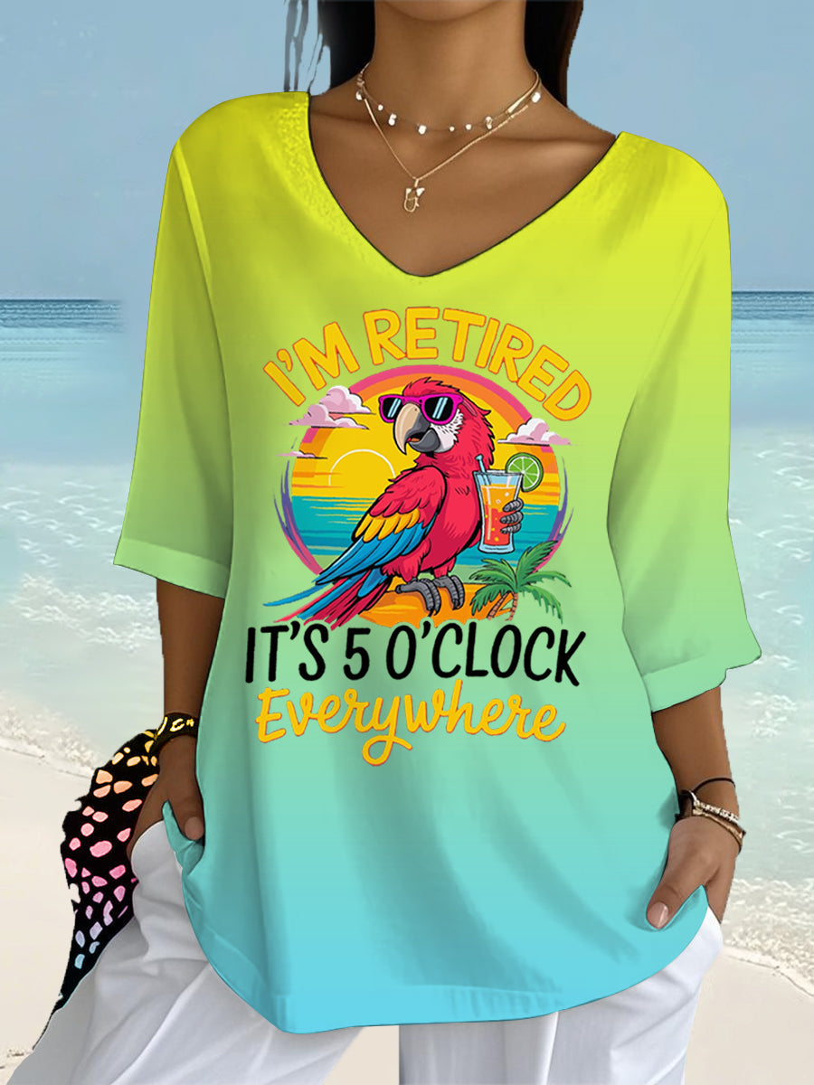 Women's I'm Retired It's 5 O'clock Everywhere Parrot Print Casual Half-Sleeve Top gracestitchs